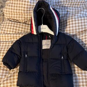 Moncler Navy Puffer Jacket with Red and White Trim with Down Fill